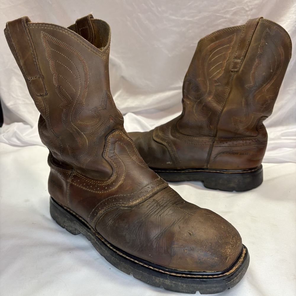 Cody James Men's Leather Western Work Square Comp Toe Boots 10D Brown Pull On